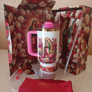 Stanley Quencher Tumbler with Pink and Gold Religious Art